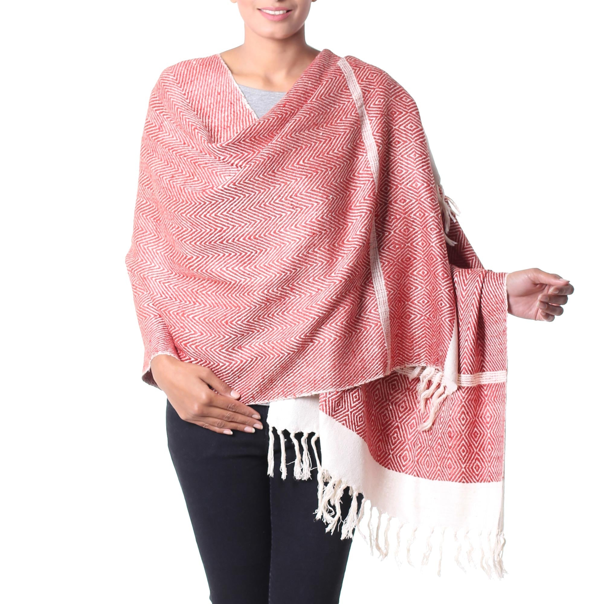 India Orange and White Handwoven Silk Shawl - Harmonious Orange Herringbone